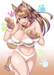  :d animal_ears bare_shoulders beatrix_(granblue_fantasy) blue_ribbon blush breasts brown_eyes brown_hair cleavage collar commentary_request cross_hair_ornament dog_ears dog_paws dog_tail fang gloves granblue_fantasy hair_ornament hair_ribbon highres kemonomimi_mode kumakichi_(cost-lost) large_breasts long_hair looking_at_viewer navel open_mouth paw_gloves paw_pose paw_shoes paws ponytail ribbon shoes sleeveless smile solo spiked_collar spikes tail v-shaped_eyebrows 