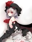  alternate_costume bat_wings black_hat black_skirt blush breasts commentary_request dress frilled_skirt frills hat hat_ribbon long_sleeves looking_at_viewer looking_to_the_side red_eyes red_ribbon remilia_scarlet ribbon sideboob silver_hair skirt small_breasts solo touhou utakata_(kochou_no_yume) wings 