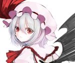 bat_wings blue_hair commentary_request eyelashes hat hat_ribbon looking_at_viewer looking_back red_eyes red_ribbon remilia_scarlet ribbon solo surprised touhou utakata_(kochou_no_yume) wings 