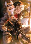  1boy absurdres animal assault_rifle bandages bandaid bandaid_on_cheek bandaid_on_face beret black_gloves black_hat dog ensemble_stars! fingerless_gloves gloves goggles grin gun hat highres holding holding_gun holding_weapon jacket looking_at_viewer male_focus ogami_koga pants rifle shirt short_hair smile solo weapon white_hair yellow_eyes zhuowang233 