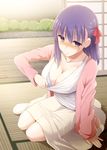  :o blouse blue_bra blush bra breasts cleavage clothes_pull collarbone fate/stay_night fate_(series) hair_ribbon kurikara large_breasts long_sleeves looking_at_viewer matou_sakura nose_blush pink_coat purple_eyes purple_hair red_ribbon ribbon sitting skirt solo underwear white_blouse yokozuwari 