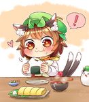  +_+ 1girl :3 animal_ears blush bowl brown_hair cat_ears cat_tail chen chopsticks closed_mouth drooling eating food food_on_face green_hat hat heart ibaraki_natou jewelry long_sleeves mob_cap multiple_tails nekomata omelet onigiri rice rice_on_face short_hair single_earring solo soup spoken_exclamation_mark spoken_heart tail tamagoyaki touhou two_tails 