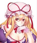  blonde_hair breasts cleavage commentary_request frills glover hand_on_own_chin hat hat_ribbon highres large_breasts long_hair looking_at_viewer red_eyes red_ribbon ribbon solo touhou utakata_(kochou_no_yume) very_long_hair yakumo_yukari 