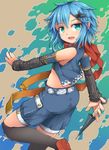  aqua_eyes bare_shoulders black_legwear blue_hair detached_sleeves hair_ornament knife long_sleeves looking_at_viewer midriff open_clothes open_mouth open_vest original over-kneehighs scarf shorts smile solo strapless thighhighs thighs tubetop uumaru vest 
