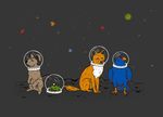  amphibian armor avian bird blue_feathers brown_hair canine claws falcon feathers fish_bowls fox frog fur hair hare hat helmet joseph_baum lagomorph mammal moon oil_paint orange_fur orange_hair outside paws planet red_feathers space space_helmets star white_fur white_hair 