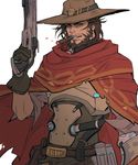  ammunition armor bad_id bad_twitter_id beard belt brown_eyes brown_gloves brown_hair cape cigar cowboy_hat facial_hair gloves gun handgun hat holding holding_gun holding_weapon holster kkangcheol looking_at_viewer male_focus mccree_(overwatch) mechanical_hand mouth_hold mustache overwatch pants pistol poncho red_cape revolver simple_background smoke smoking solo torn_cape torn_clothes torn_hat upper_body weapon western 