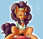  2016 adnarai brown_hair clitoris clothing duo ear_piercing equine female female_on_top feral friendship_is_magic hair headband horn male male/female mammal my_little_pony on_top one_eye_closed penetration penis piercing purple_eyes pussy pussy_juice saffron_masala_(mlp) sex solo_focus tongue tongue_out unicorn vaginal vaginal_penetration 