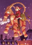  1girl bag bell black_leggings boots box braid breath brown_boots brown_gloves brown_hair buckle building buttons chimney christmas dress fish fur_trim gift gift_box gloves gun hat leggings long_sleeves maruyama_kaoru original outdoors purple_sky reins riding santa_costume santa_dress santa_hat sky snow solo twin_braids weapon yule_goat 