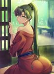  ass bare_shoulders barefoot blurry breasts depth_of_field fire_emblem fire_emblem:_rekka_no_ken forest from_behind green_eyes green_hair hairband hand_on_own_stomach hand_up indoors japanese_clothes kimono long_hair looking_at_viewer looking_back lyndis_(fire_emblem) medium_breasts nature off_shoulder open_clothes open_door open_kimono ponytail rain sash shinon_(tokage_shuryou) shiny shiny_skin sideboob sitting sliding_doors solo sweat tatami wariza water wet wooden_floor 