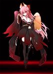  alternate_color alternate_costume animal_ears arms_behind_back black_background bow breasts cleavage dark_persona fate/extra fate_(series) fox_ears fox_tail hair_bow hand_on_hip japanese_clothes kurikara large_breasts long_hair looking_at_viewer pink_hair simple_background solo tail tamamo_(fate)_(all) tamamo_no_mae_(fate) torn_clothes yellow_eyes 