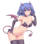 :q bare_shoulders bent_over black_gloves black_legwear blue_hair blush breasts cleavage collar collarbone commentary_request cowboy_shot demon_girl demon_horns demon_tail demon_wings elbow_gloves gloves hand_on_hip hasu_(hk_works) horns leaning_forward looking_at_viewer medium_breasts navel original pointy_ears purple_eyes short_hair sideboob solo tail thighhighs tongue tongue_out v white_background wings 