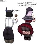  2girls absurdres ass asymmetrical_horns black_corset black_hair black_hat black_horns black_shorts black_skirt black_thighhighs blaparky capelet corset deerstalker dress english_text from_behind grey_capelet grey_hair hat highres holding holding_magnifying_glass hololive hololive_english horns magnifying_glass multicolored_hair multiple_girls nerissa_ravencroft nerissa_ravencroft_(casual) office_lady official_alternate_costume official_alternate_hairstyle pantyhose red_dress shiori_novella shiori_novella_(casual) shirt shorts shorts_under_dress simple_background skirt split-color_hair thighhighs twitter_username virtual_youtuber white_background white_shirt 