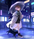  1girl alternate_costume anya_melfissa belt_buckle black_cat black_dress black_nails blonde_hair brown_hair buckle building cat chain clothes_writing coat commentary_request company_name copyright_notice dress full_body hkina7 holding holding_umbrella hololive hololive_indonesia jewelry long_sleeves looking_at_viewer mixed-language_commentary multicolored_hair necklace night official_art open_clothes open_coat pleated_dress purple_eyes rain road shirt_over_dress shoes short_hair sneakers socks solo streaked_hair street thigh_strap three_quarter_view transparent transparent_umbrella turtleneck umbrella virtual_youtuber white_coat 