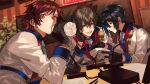  3boys absurdres ahoge aqua_necktie black_collar black_gloves black_hair blue_eyes bottle bracelet brown_hair collar gloves hair_between_eyes highres holding holding_bottle idolmaster idolmaster_side-m jacket jewelry kashiwagi_tsubasa looking_at_object looking_at_viewer male_focus microphone multiple_boys nana_tetra necktie open_mouth plant red_eyes red_hair sakuraba_kaoru shirt sitting table teeth tendo_teru upper_body v water_bottle white_jacket white_shirt 