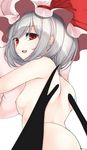 ass bat_wings breasts commentary_request hat hat_ribbon looking_at_viewer nude open_mouth pillow pillow_hug red_eyes red_ribbon remilia_scarlet ribbon sideboob silver_hair small_breasts smile solo touhou utakata_(kochou_no_yume) wings 