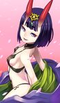  bob_cut breasts fate/grand_order fate_(series) from_side horns japanese_clothes kimono looking_at_viewer maruta_kentarou oni oni_horns pale_skin petals pink_background purple_eyes purple_hair short_hair shuten_douji_(fate/grand_order) small_breasts smile solo 