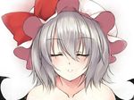  bat_wings blush closed_eyes collarbone commentary_request eyelashes hat hat_ribbon incoming_kiss open_mouth remilia_scarlet ribbon short_hair silver_hair solo touhou utakata_(kochou_no_yume) wings 