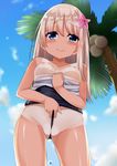  ass_visible_through_thighs bad_id bad_nicoseiga_id blonde_hair blue_eyes blue_sky blush breasts breasts_outside cacao_(chocolat) closed_mouth collarbone day flower from_below groin hair_flower hair_ornament highres kantai_collection long_hair looking_at_viewer looking_down nipples one-piece_tan outdoors palm_tree partially_visible_vulva pink_flower plant pulled_by_self ro-500_(kantai_collection) shiny shiny_skin sky small_breasts smile solo standing summer swimsuit_pull tan tanline tree wedgie 