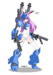 absurdres animal_ears armor artist_name blue_armor blush bunny_ears character_name closed_mouth covered_navel dual_wielding eyebrows eyebrows_visible_through_hair faulds full_body gauntlets greaves groin gun gundam highleg highleg_leotard highres holding holding_gun holding_weapon kampfer_(mobile_suit) lavender_hair leotard light_smile long_hair looking_at_viewer mecha_musume nanaya777 pauldrons purple_hair red_eyes reisen_udongein_inaba shadow shoulder_cannon simple_background skin_tight solo standing touhou vambraces very_long_hair weapon white_background white_legwear 