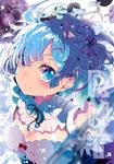  :o aloe_(kenkou3733) blue_eyes blue_hair blush bow breasts chain closed_mouth crying crying_with_eyes_open dissolving_clothes eyelashes floating_hair frills from_above hair_ornament hair_over_one_eye hair_ribbon highres looking_at_viewer maid medium_breasts petals re:zero_kara_hajimeru_isekai_seikatsu red_bow rem_(re:zero) ribbon shade short_hair smile solo tears text_focus upper_body white_background wind x_hair_ornament 