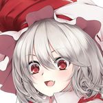  collar excited eyelashes fang hat hat_ribbon looking_down open_mouth portrait red_eyes red_ribbon remilia_scarlet ribbon short_hair silver_hair smile solo touhou utakata_(kochou_no_yume) 