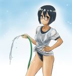  black_hair brown_eyes chaborin competition_swimsuit gym_shirt highleg highleg_swimsuit hose one-piece_swimsuit original shirt short_hair solo standing swimsuit swimsuit_under_clothes t-shirt tied_shirt water 