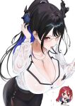  2girls absurdres asymmetrical_horns black_hair black_horns black_skirt blue_hair breasts cleavage cowboy_shot elizabeth_rose_bloodflame high-waist_skirt high_ponytail highres hololive hololive_english horns hyaui_kazuki large_breasts mole mole_under_eye multiple_girls nerissa_ravencroft nerissa_ravencroft_(casual) no_bra one_eye_closed open_mouth ponytail see-through_clothes see-through_shirt shirt simple_background skirt solo_focus sweat uneven_horns virtual_youtuber wet wet_clothes wet_shirt white_background white_shirt 