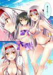  bikini blush breasts check_translation collarbone comic contrapposto hair_between_eyes hairband halterneck ichiyou_moka kantai_collection large_breasts long_hair looking_at_viewer multiple_girls navel off_shoulder open_mouth orange_eyes purple_bikini sarong shoukaku_(kantai_collection) side-tie_bikini smile standing stomach swimsuit translation_request twintails white_bikini white_hair yellow_eyes zuikaku_(kantai_collection) 
