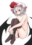  bat_wings black_legwear blue_hair blush breasts commentary_request embarrassed hands_on_legs hat hat_ribbon looking_at_viewer nude red_eyes remilia_scarlet ribbon small_breasts solo thighs touhou utakata_(kochou_no_yume) wings 