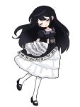 1girl alternate_costume black_hair black_shoes blush closed_eyes closed_mouth collarbone dress full_body highres long_hair mari_(faraway)_(omori) mari_(omori) mewowem_omo omori pantyhose shoes simple_background smile solo white_background white_pantyhose 