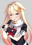  absurdres blonde_hair blush fingerless_gloves gloves go-1 grey_background hair_flaps hair_ornament hairclip highres kantai_collection long_hair looking_at_viewer neckerchief open_mouth red_eyes red_neckwear remodel_(kantai_collection) school_uniform serafuku simple_background solo teeth upper_body yuudachi_(kantai_collection) 