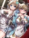  2girls absurdres arms_behind_head black_bow blue_dress blue_eyes blurry blush bow breasts brown_hair butterfly_hair_ornament cleavage commentary cowboy_shot depth_of_field dress dress_bow dual_persona dutch_angle eyes_visible_through_hair frilled_dress frills frown furrowed_brow gabanborjarnon hair_between_eyes hair_bow hair_ornament hands_up hapymaher highres indoors large_breasts light_particles long_hair long_sleeves looking_at_viewer multiple_girls open_mouth purple_eyes short_dress short_hair short_sleeves spoilers teeth toriumi_arisu toriumi_yuuko two-tone_dress upper_teeth_only very_long_hair white_dress 