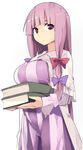  book book_stack breast_rest breasts capelet carrying coat dress hair_ribbon holding holding_book kamukamu_(ars) large_breasts long_hair long_sleeves looking_at_viewer no_hat no_headwear open_clothes open_coat patchouli_knowledge purple_dress purple_eyes purple_hair ribbon solo striped striped_dress touhou tress_ribbon very_long_hair 