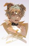  1boy absurdres animal_ears artist_name bandaid bandaid_on_cheek bandaid_on_face brown_hair collar collarbone collared_shirt dated dog_boy dog_ears earrings ensemble_stars! extra_ears fangs grey_background hair_between_eyes highres jewelry looking_at_viewer male_focus ogami_koga open_mouth pectoral_cleavage pectorals portrait shirt short_hair signature simple_background solo spiked_collar spikes tongue tongue_out upper_body white_background yellow_eyes zhuowang233 