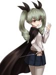  :d anchovy anzio_school_uniform belt black_cape black_ribbon blue_skirt blush cape cowboy_shot crossed_arms dress_shirt drill_hair fang girls_und_panzer green_hair hair_ribbon hand_on_hip highres long_hair long_sleeves looking_at_viewer necktie open_mouth pantyhose pleated_skirt rabochicken red_eyes ribbon riding_crop school_uniform shirt simple_background skirt smile solo twin_drills twintails white_background white_shirt 