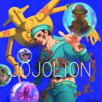  1girl 2boys 3others anchor_symbol atalajoestar birthmark black_hair blue_eyes blue_hat blue_pants blue_sailor_collar blue_shirt bowler_hat cane colored_skin compass_rose dixie_cup_hat hat higashikata_josuke_(jojolion) highres humanoid_robot joestar_birthmark jojo_no_kimyou_na_bouken jojolion mamezuku_rai military_hat multicolored_eyes multiple_boys multiple_others nijimura_kei obladi_oblada paisley_park_(stand) pants pink_hair purple_eyes red_eyes robot sailor_collar shirt soap_bubbles soft_&amp;_wet stand_(jojo) star_(symbol) star_print ushanka wonder_of_u yellow_skin 