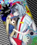  1boy 1girl animal_ears apron arm_up black_eyes black_necktie black_souls blonde_hair blue_hair closed_mouth collared_shirt confetti dress edith_liddell_(black_souls) furry furry_male gloves hat highres hug jack_(black_souls) kepi long_hair looking_at_viewer mesmerizer_(vocaloid) military_hat mu_blood necktie open_mouth pinstripe_dress pinstripe_pattern red_eyes red_suspenders sharp_teeth shirt short_sleeves sweatdrop tail teeth text_background tongue tongue_out visor_cap waist_apron white_apron white_wrist_cuffs wolf wolf_ears wolf_tail wrist_cuffs yellow_gloves 