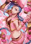  alternate_costume ass blue_hair braid breasts cleavage fingerless_gloves gloves grin highres jinx_(league_of_legends) league_of_legends long_hair nail_polish oopartz_yang pink_eyes short_shorts shorts small_breasts smile solo twin_braids 