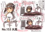  1boy 1girl admiral_(kantai_collection) blush blush_stickers brown_eyes brown_hair character_name closed_mouth commentary_request epaulettes eyebrows eyebrows_visible_through_hair hands_on_another's_head hug hug_from_behind kantai_collection kotatsu long_sleeves motion_lines number open_mouth short_hair smile speech_bubble suzuki_toto table taihou_(kantai_collection) tears television translation_request twitter_username 