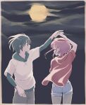  1boy 1girl bellri_zenam black_hair closed_eyes couple dancing full_moon gundam gundam_g_no_reconguista hair_between_eyes hat hetero highres holding_hands moon night night_sky noredo_nug open_mouth pants pink_hair sbr_ghn shirt short_hair shorts sky smile 