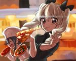  anchovy black_hair black_shirt braid cheese_trail commentary drill_hair eating food girls_und_panzer green_hair holding_pizza long_hair multiple_girls necktie oono_imo pepperoni_(girls_und_panzer) pizza shirt short_hair side_braid sleeves_rolled_up twin_drills twintails 
