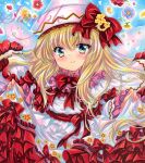  1girl blonde_hair blue_background blue_flower blush bow closed_mouth commentary_request dress embellished_costume floral_background floral_print flower green_eyes hair_bow hat lily_white long_hair long_sleeves looking_at_viewer marker_(medium) pink_dress pink_hat red_bow red_flower rui_(sugar3) sample_watermark skirt_hold smile solo touhou traditional_media upper_body very_long_hair watermark wide_sleeves yellow_flower 