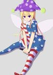  american_flag_dress american_flag_legwear blonde_hair clownpiece fairy_wings grey_background hat jester_cap long_hair looking_at_viewer open_mouth pantyhose polka_dot print_legwear purple_eyes short_sleeves simple_background sitting solo star striped striped_legwear touhou wings xialuluo_(sharuro) 