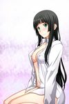  black_hair breasts cleavage collarbone flying_witch green_eyes highres hime_cut kenken kneeling kowata_makoto long_hair medium_breasts naked_shirt navel open_clothes open_shirt shirt smile solo white_shirt 