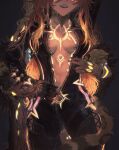  2girls absurdres black_bodysuit black_nails body_markings bodysuit breasts commentary commission dark-skinned_female dark_skin english_commentary flying-frappuccino genshin_impact glowing_markings head_out_of_frame highres long_hair mavuika_(genshin_impact) multiple_girls open_mouth orange_hair teeth unzipped upper_teeth_only very_long_hair xilonen_(genshin_impact) yuri 