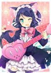  :d animal_ears bell black_hair blush bow cat_ears cat_tail cowboy_shot curly_hair cyan_(show_by_rock!!) fang gothic_lolita green_eyes guitar heart instrument leeannpippisum lolita_fashion maid_headdress one_eye_closed open_mouth pink_background pink_bow ringlets show_by_rock!! smile solo striped striped_legwear tail thighhighs zettai_ryouiki 