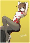  alternate_costume arms_behind_head arms_up artist_name black_legwear blue_eyes breasts brown_hair bun_cover china_dress chinese_clothes dress floral_print hiei_(kantai_collection) kantai_collection lansane leg_lift looking_at_viewer pantyhose shoe_dangle shoes side_slit sitting small_breasts solo white_footwear yellow_background 