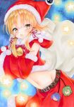  1girl :d absurdres alternate_costume alternate_headwear bag bell belt blonde_hair blush breasts brown_belt buckle capelet character_charm character_doll charm_(object) christmas commentary_request detached_sleeves eyelashes fur-trimmed_gloves fur-trimmed_skirt fur_trim gift_bag gloves hair_ribbon highres holding holding_bag hood hoodie jingle_bell kochiya_sanae long_sleeves looking_at_viewer marker_(medium) medium_breasts medium_hair midriff moriya_suwako natsume_nadeshiko navel open_mouth parted_bangs pom_pom_(clothes) red_capelet red_gloves red_ribbon red_skirt ribbon sidelocks skirt smile solo standing star_(symbol) stomach touhou traditional_media tress_ribbon wide_sleeves yasaka_kanako yellow_eyes 