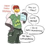 2024 accipitriform anthro artist avian back_wings beak bird black_text bottomwear clothed clothing colored_sketch digital_drawing_(artwork) digital_media_(artwork) english_text feathered_wings feathers fully_clothed green_bottomwear green_clothing green_shirt green_shorts green_t-shirt green_topwear half-closed_eyes hand_on_hip hand_on_own_hip handwritten_text hi_res holding_object holding_paper humor looking_at_viewer male martin_(martindosent) martindosent narrowed_eyes open_beak open_mouth paper pink_tongue portrait red_text secretary_bird shirt shorts sketch small_wings solo speech_bubble t-shirt talking_to_viewer text three-quarter_portrait tongue topwear white_body white_feathers wings yellow_beak yellow_eyes