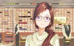 :3 blue_eyes brown_hair glass glasses hair_over_shoulder highres la-na long_hair looking_at_viewer low_ponytail original pen ponytail round_eyewear shirt shop sign smile solo_focus storefront upper_body white_shirt window 